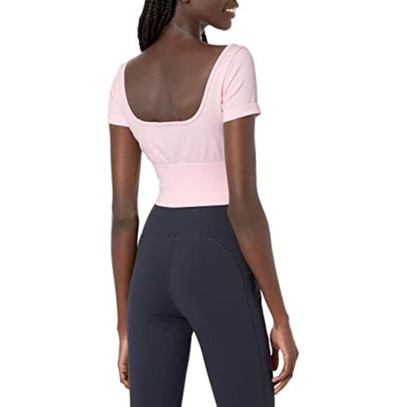 NWT GUESS Womens Pink Stretch Logo Graphic Scoop Neck Active Wear Crop Top XS\S - Picture 2 of 3